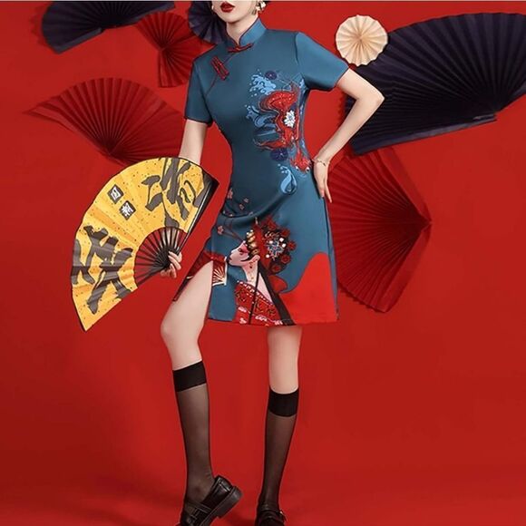 Elegant Blue Dragon Print Mini Dress - Picture 1 of 13